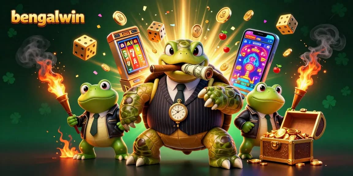 Bengalwin captures excitement with a snapping turtle mobster and bullfrogs amidst jackpot coins and vibrant casino game elements.