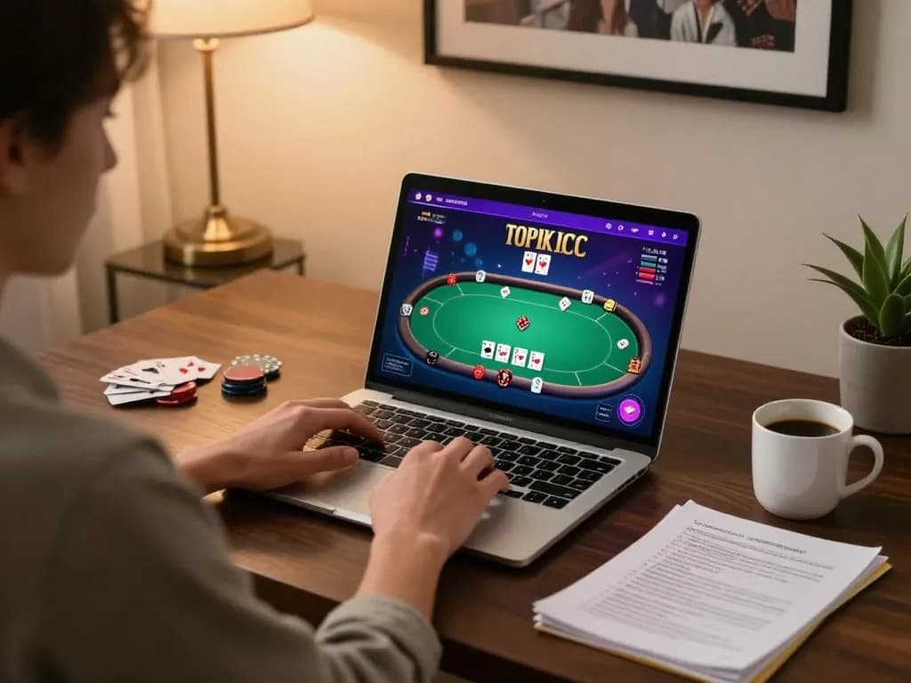 Player engaging in online poker at home with 33WIN gaming interface, emphasizing responsible gambling.