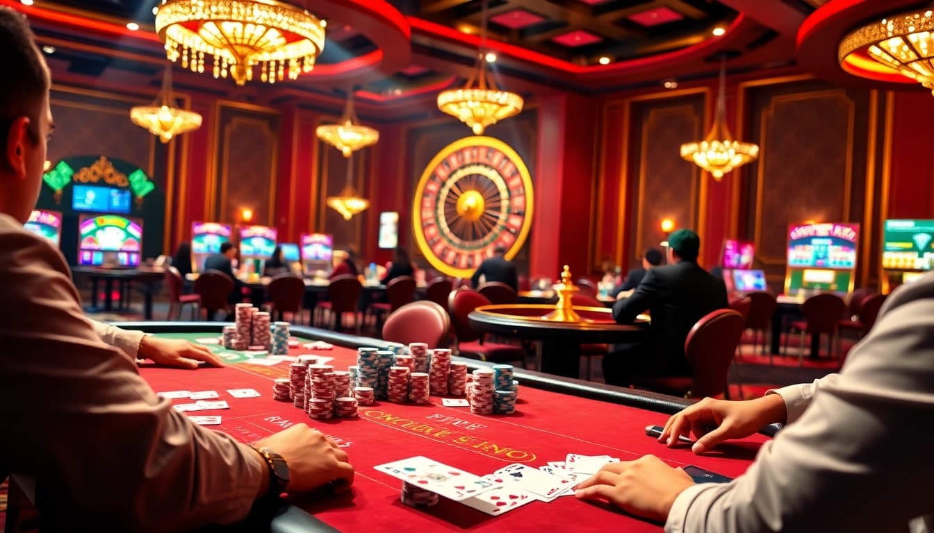 Players enjoying a thrilling poker game at 78win casino, filled with colorful chips and excitement.