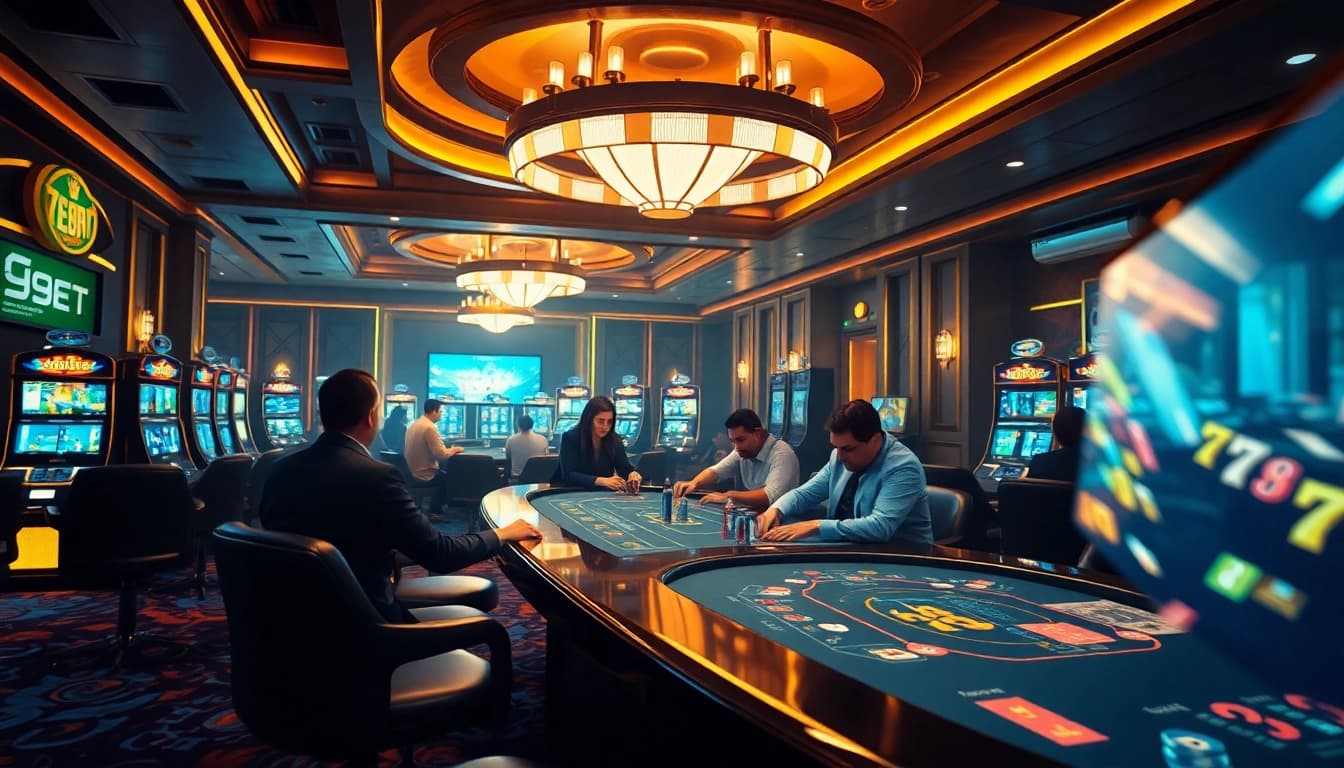A vibrant gaming scene at 789bet featuring players enjoying casino games and slot machines for an immersive experience.