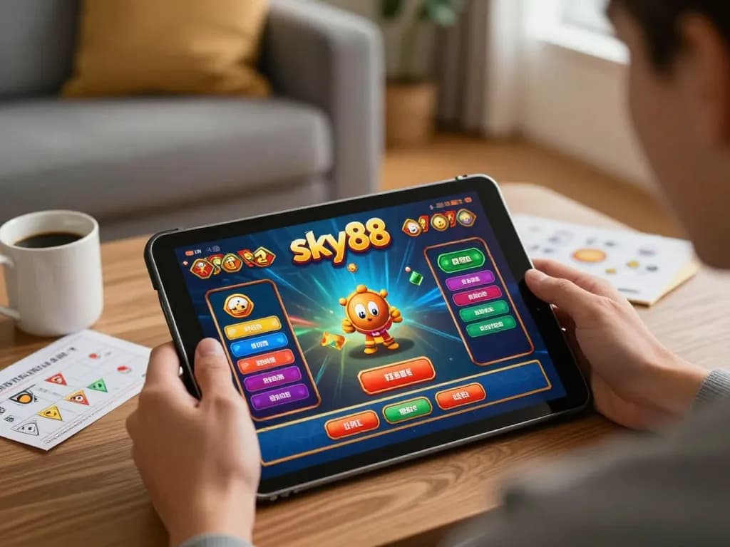 Engaged player enjoying sky88 gaming on tablet in cozy home environment.