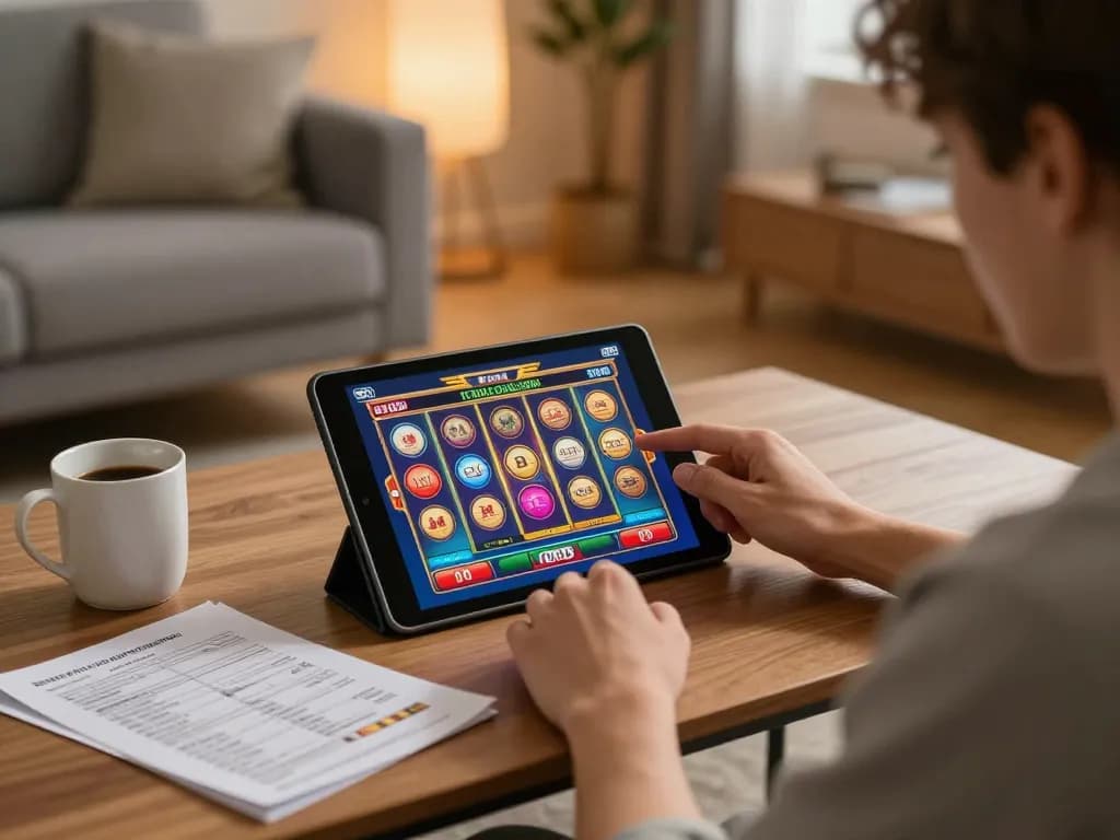 Engaging in online gambling on https://ck444s.net/, enjoying a vibrant slot game in a cozy home setting