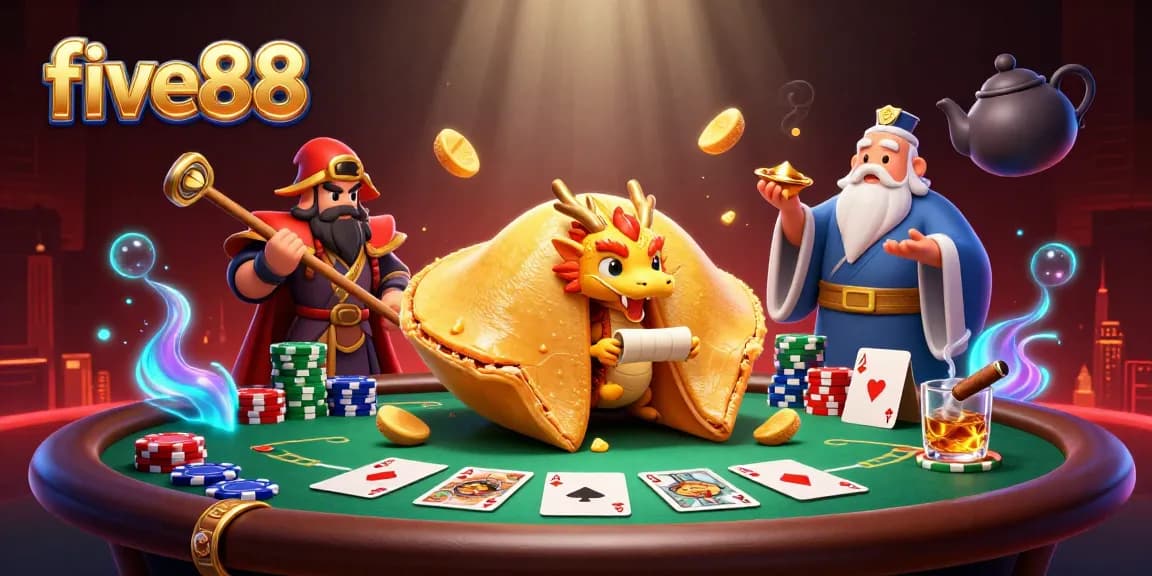 five88 captures the thrill of poker with an energetic scene featuring a golden fortune cookie and dragon characters.