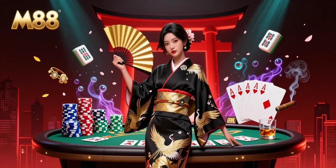 M88 captures the excitement of online gambling with a vibrant illustration of a sophisticated Asian woman in a gambling-themed scene.