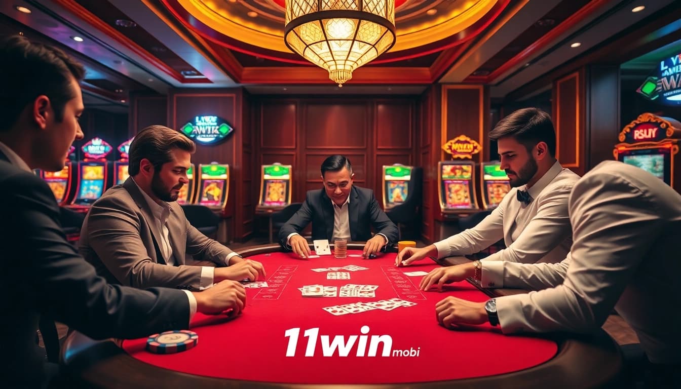 Gambler strategizing at a poker table featuring the 11win.mobi logo, showcasing casino excitement.
