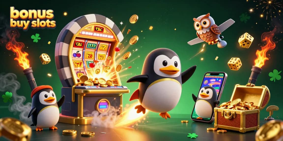 Spin to win with thrilling bonus buy slots featuring an energetic golden penguin and exciting casino rewards.