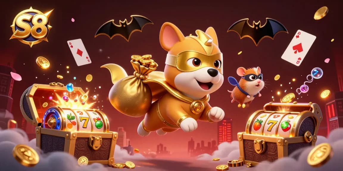 S8 offers thrilling adventures with a superhero dog and hamster amidst vibrant casino elements, capturing the excitement of gambling.