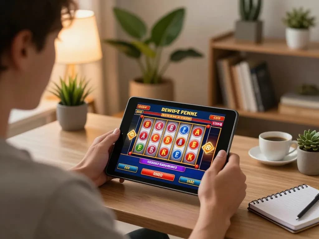 LLWIN player engaged in an online casino game on tablet in a cozy home environment.