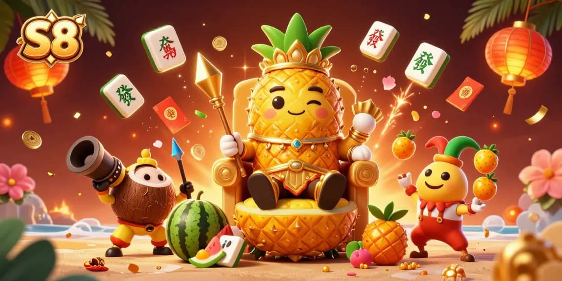 S8 offers thrilling casino action with a vibrant scene of a pineapple king, bodyguards, and confetti.