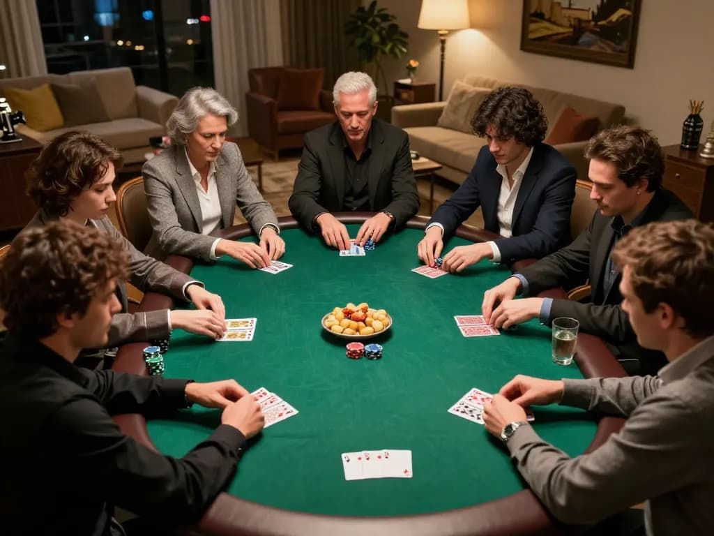 Engaging poker game at home featuring a Go99-themed setup with players focused on strategy.