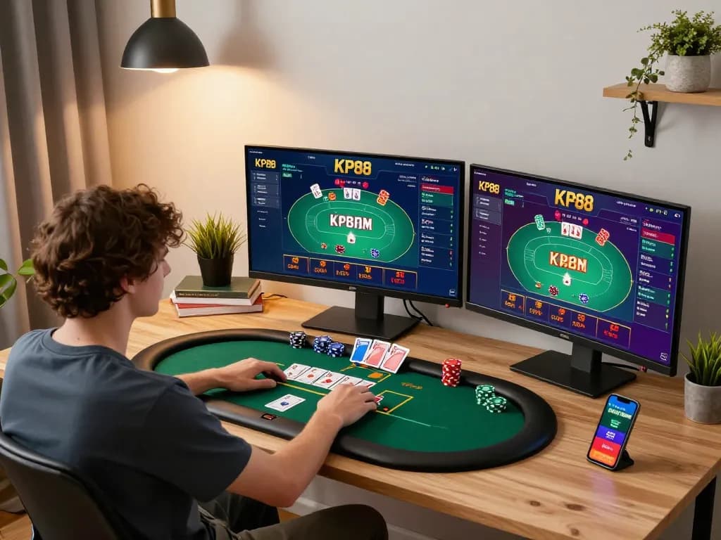 Engaging gameplay at KP88 casino, featuring vibrant online gaming setup and active poker table.