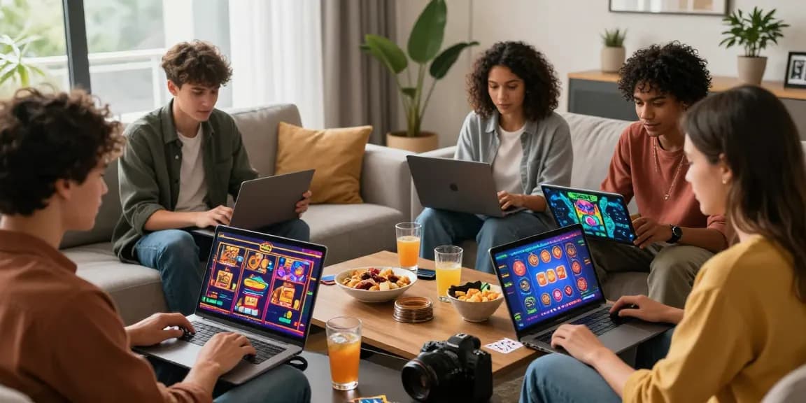 Online casinos that accept credit cards as friends enjoy gaming in a lively home setting.