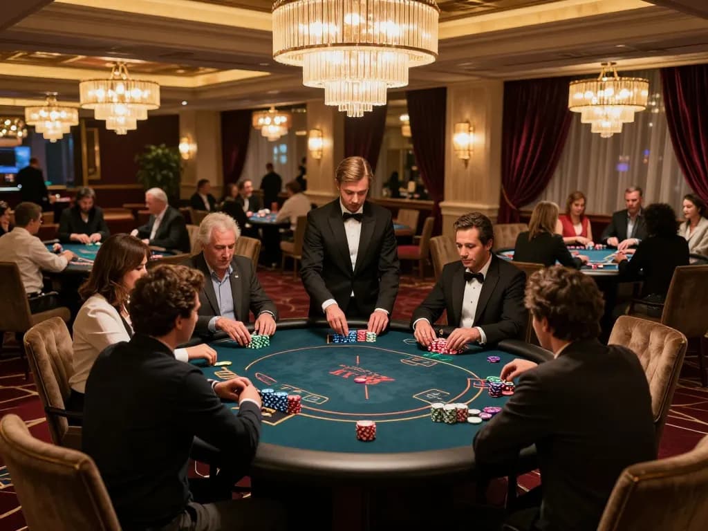 Engaged players at a high-stakes poker table during a luxurious gambling session at luck8 casino.