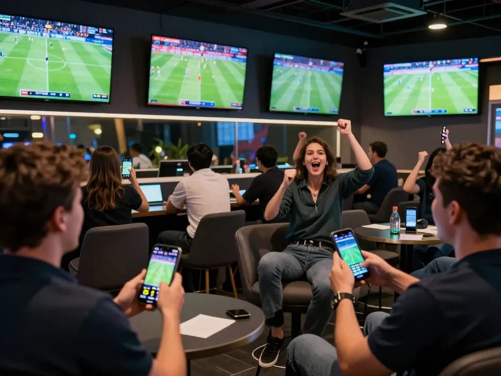Sports enthusiasts placing bets while watching ผลบอลวันนี้ action on screens in a vibrant betting lounge