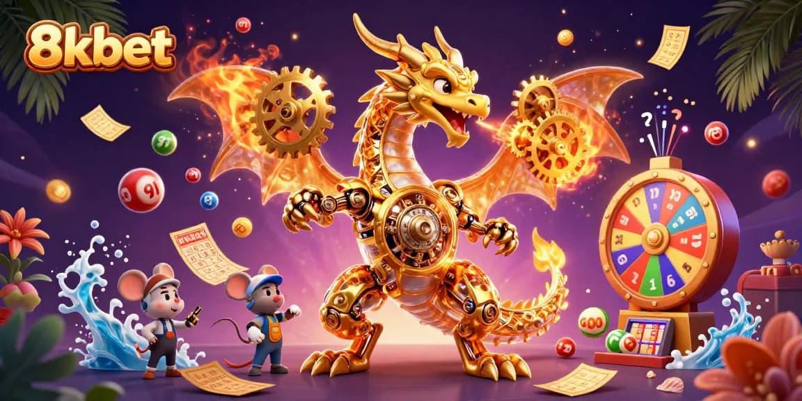 Engage with 8xbet’s thrilling 3D casino world featuring a golden dragon and lottery elements.
