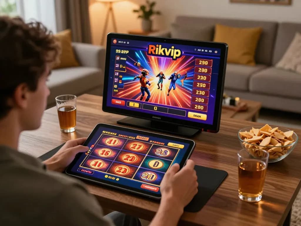 Player enjoying rikvip slot game on a tablet in a cozy home environment with snacks.