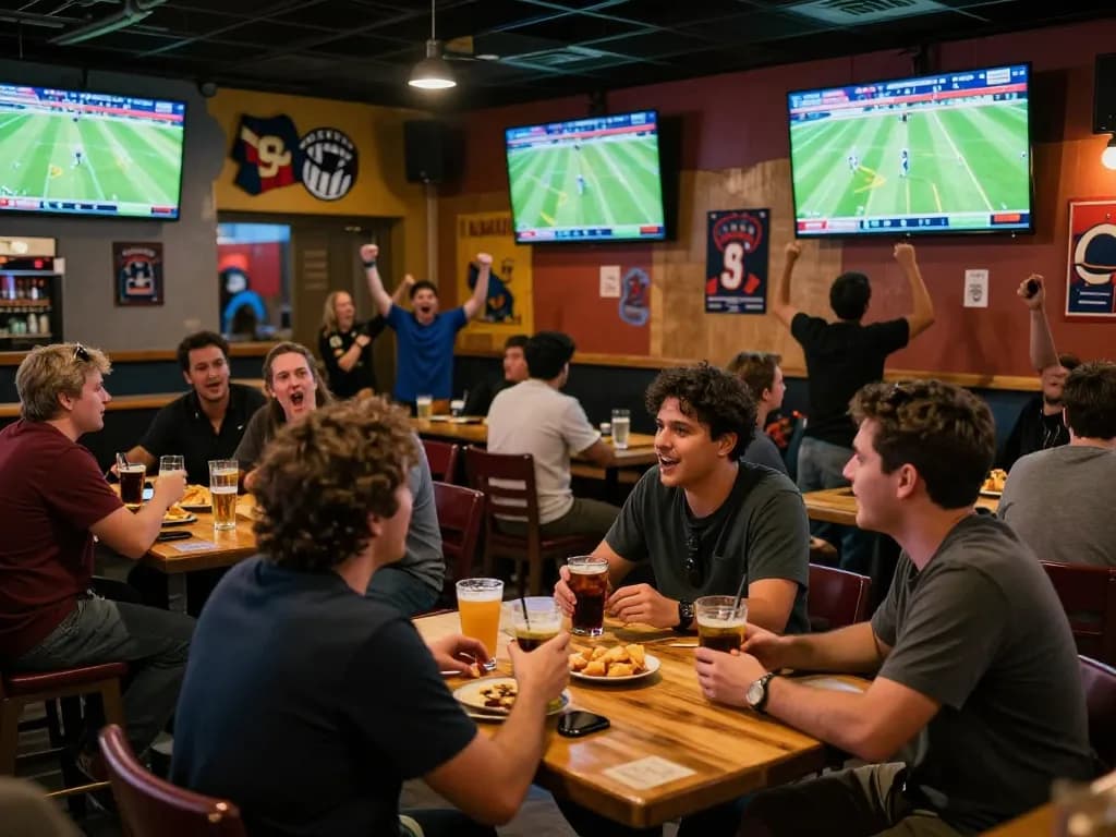 Resultsfootball sports betting excitement in a lively bar atmosphere with patrons engaging in betting discussions.