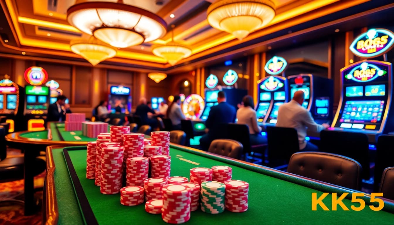 Thrilling gaming experience at KK55 casino with vibrant tables and engaged players.