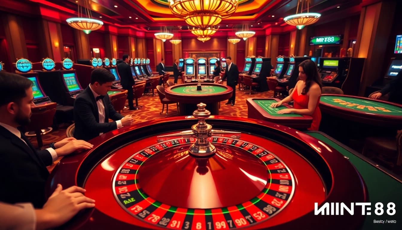 Experience excitement at MINT88's roulette wheel with high-stakes players and luxurious decor.