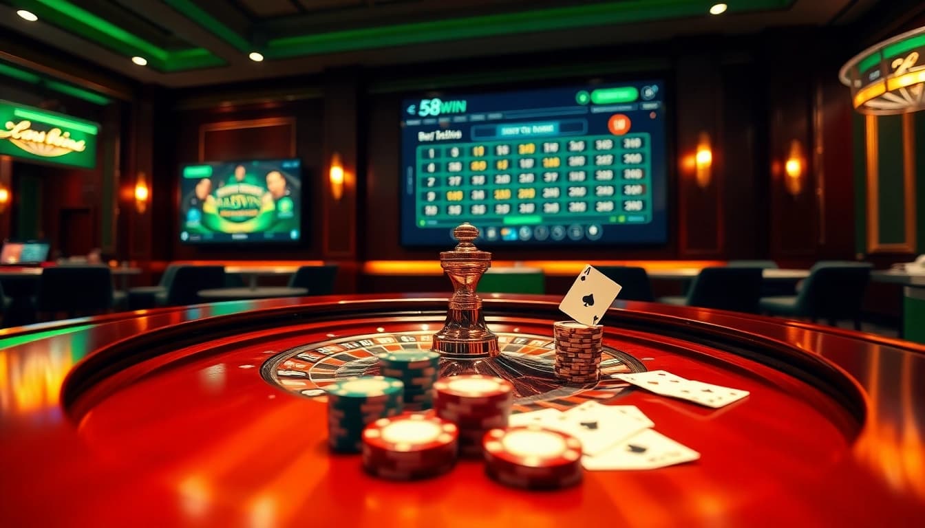 Experience the thrilling action of nhà cái 58WIN, featuring roulette wheels and vibrant poker chips.