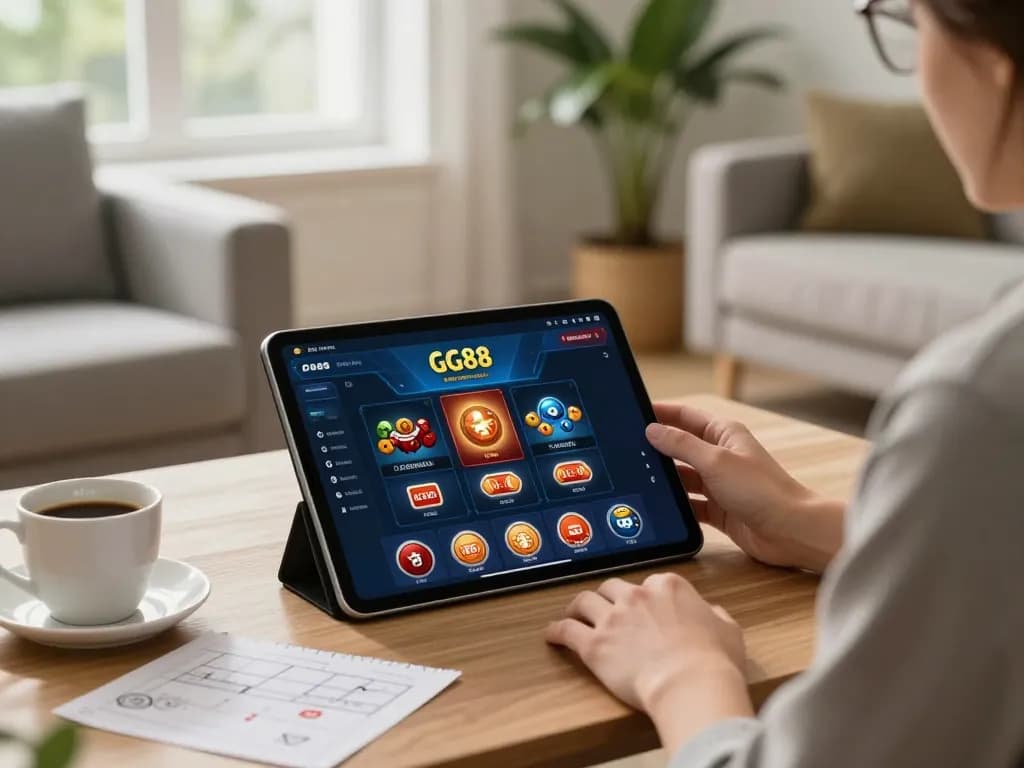 Person enjoying GG88 casino app on tablet in a cozy living room setting.