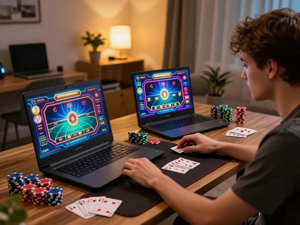 Engaged player using WW88 for strategic online gambling with laptop and casino games visible.