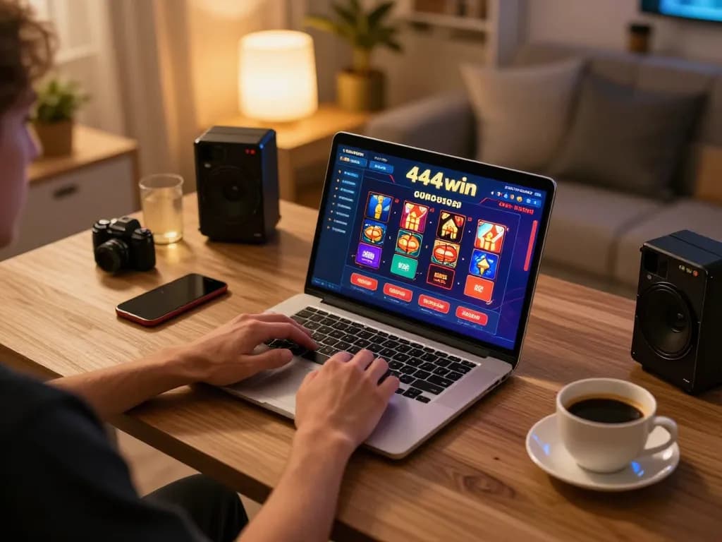 Engaging in a live gaming experience on 4444win with a focused online setup and warm home ambiance.