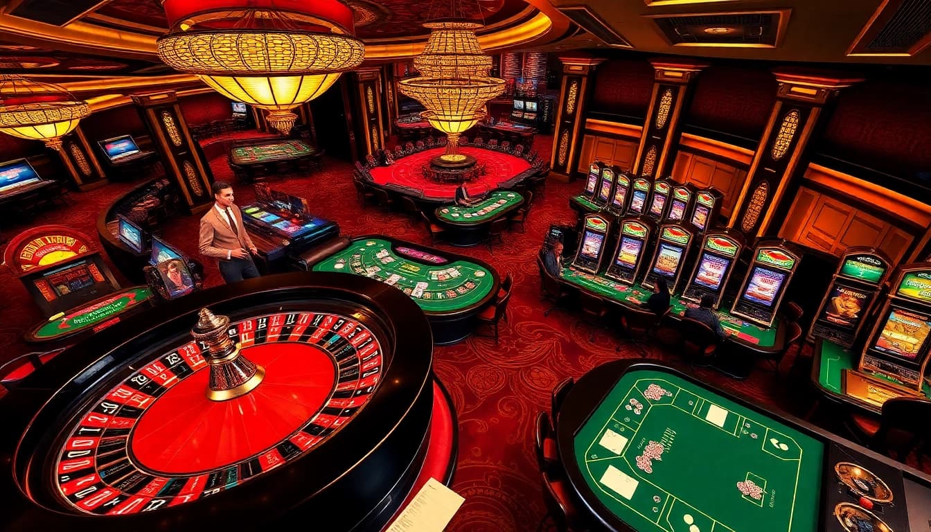 A high-energy casino scene at https://oxbet7.com/ featuring excited players at poker tables with roulette wheel.
