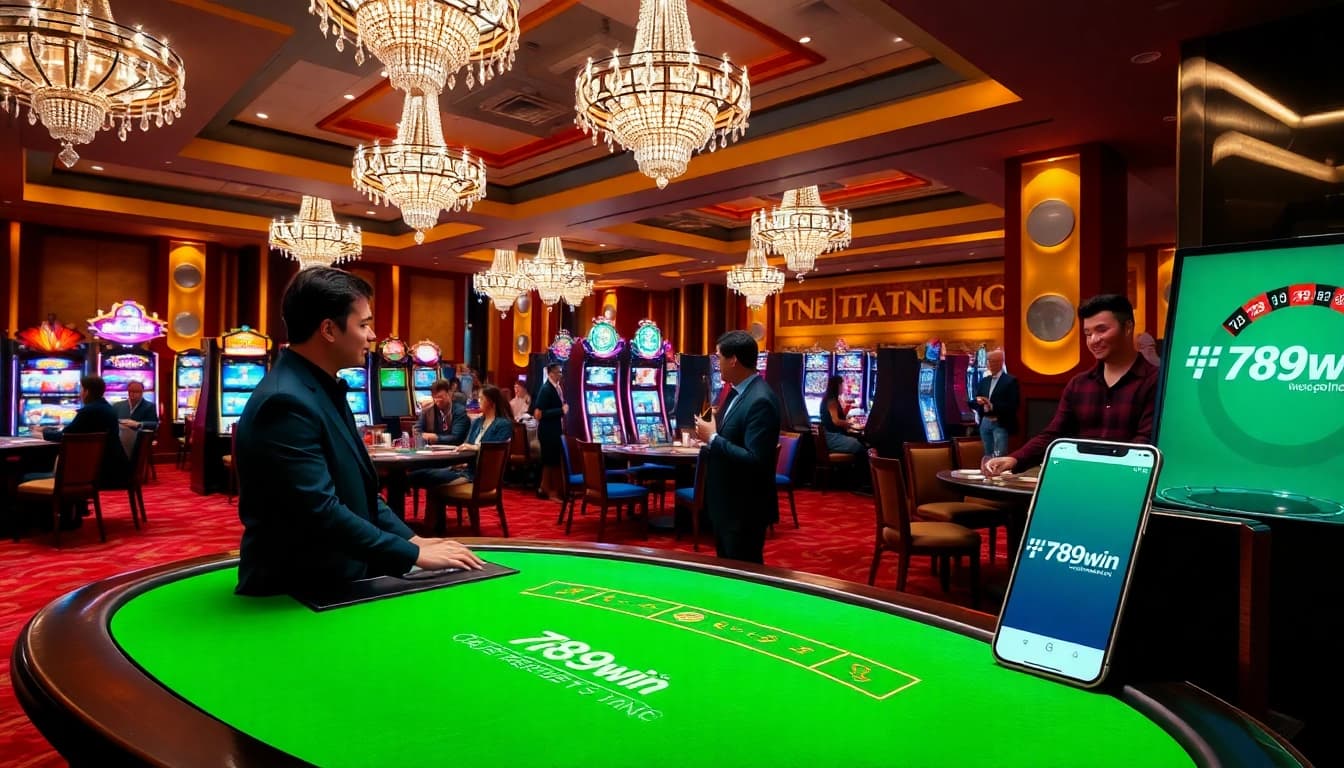 Engage in thrilling casino action at 789win with a vibrant blackjack table and slot machines.