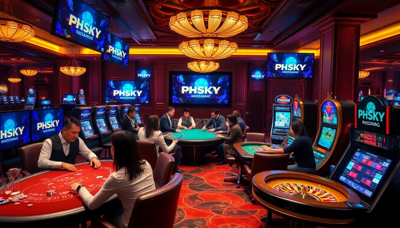 PHSKY casino scene with players enjoying slots and table games in a luxurious setting.
