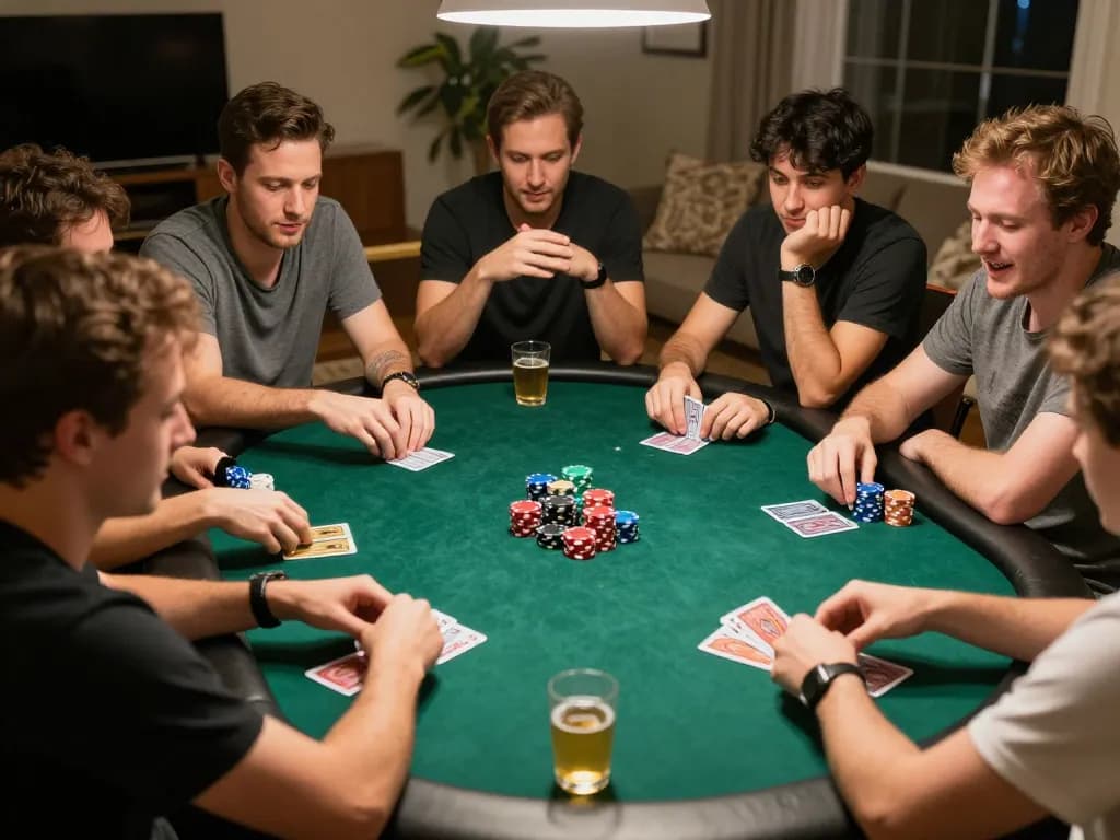 Experience the thrill of game đổi thưởng with friends at home poker night, showcasing intense gameplay and camaraderie.
