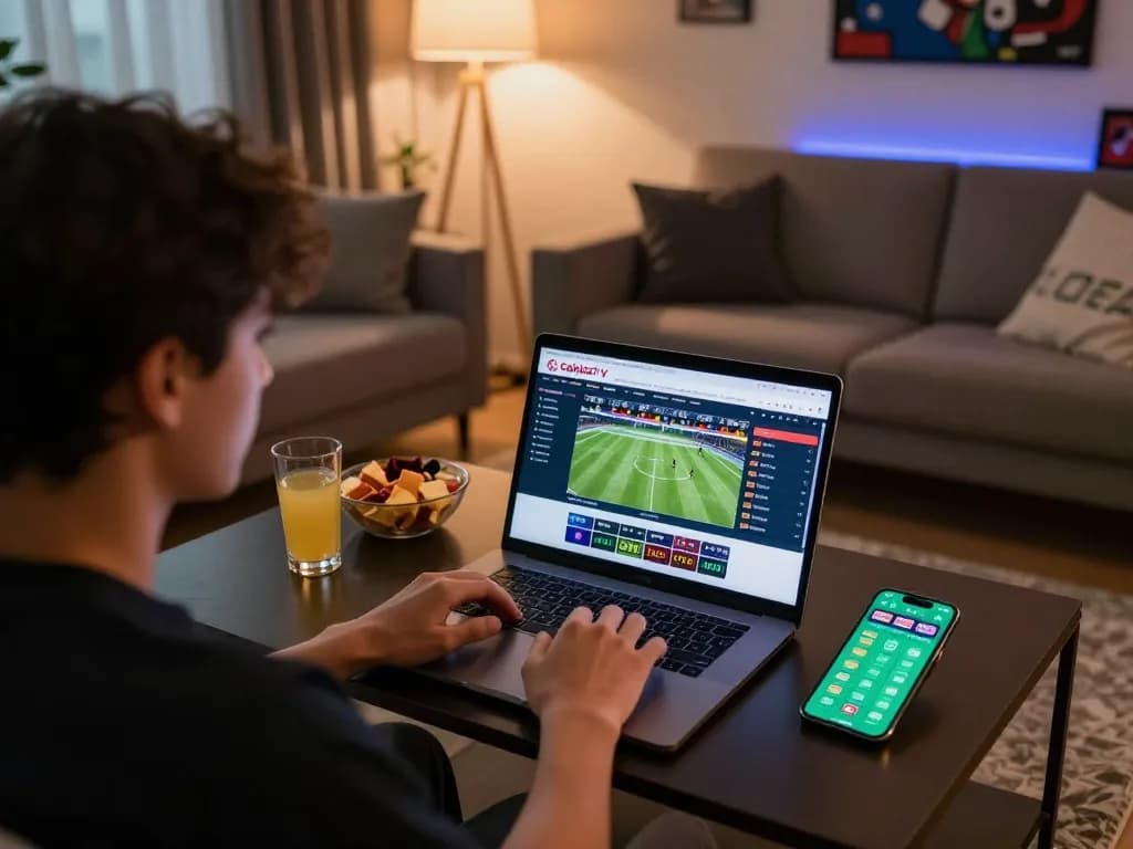 CakhiaTV player engaged in live sports betting using laptop and smartphone, showcasing a strategic home gaming setup.