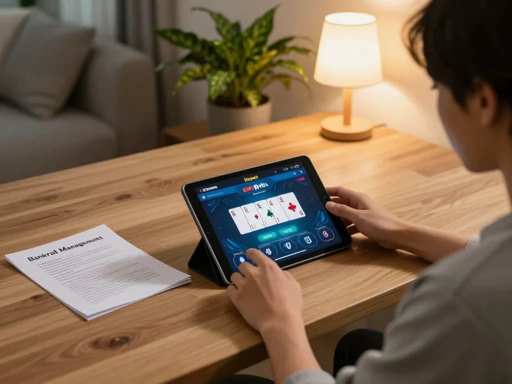 Engaged player enjoying Hay Win online poker from a cozy home setup, demonstrating strategic gameplay.