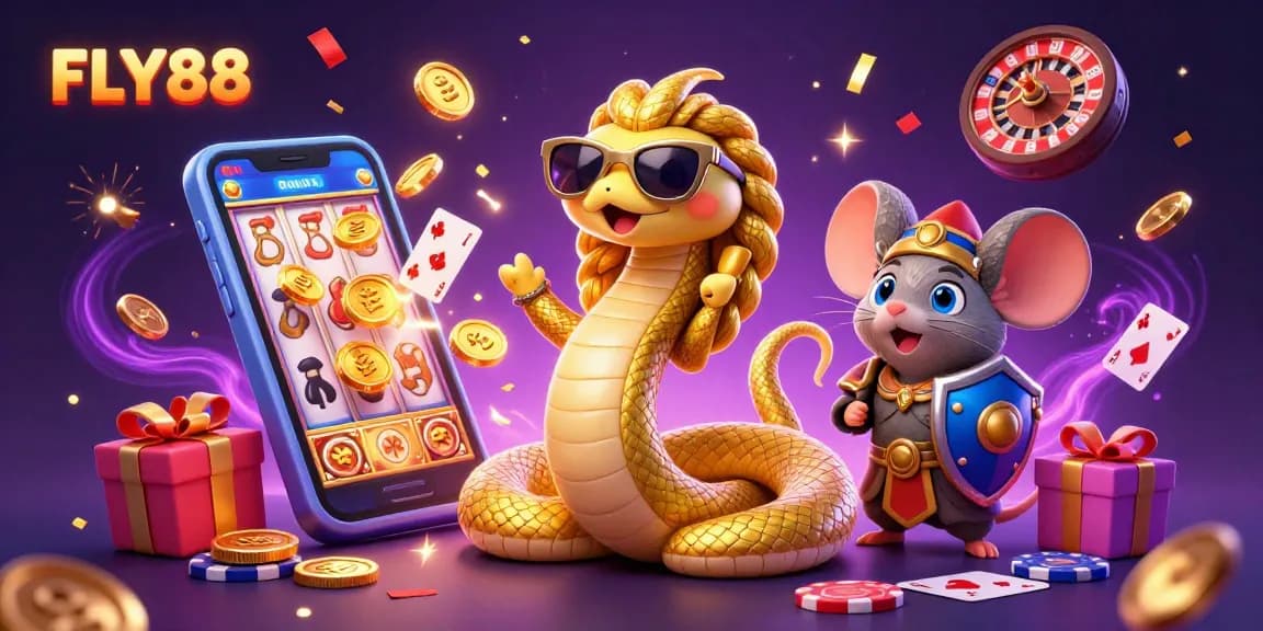 Experience the excitement of FLY88 with Medusa and a warrior mouse amidst dynamic casino games and golden prizes.