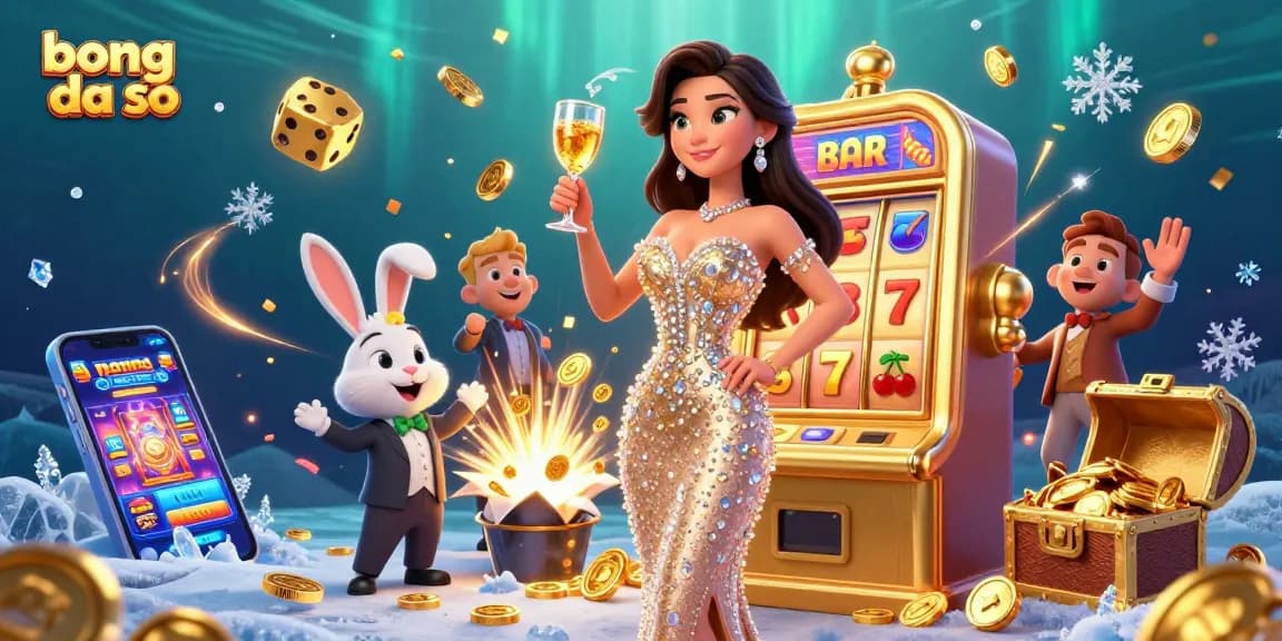 Bong da so: Experience the thrill of casino life with a glamorous winner alongside a jackpot slot machine.