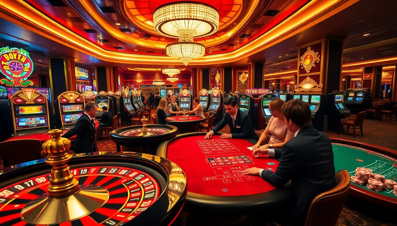 KP88 players celebrating big wins at an upscale casino with vibrant slot machines and poker tables.
