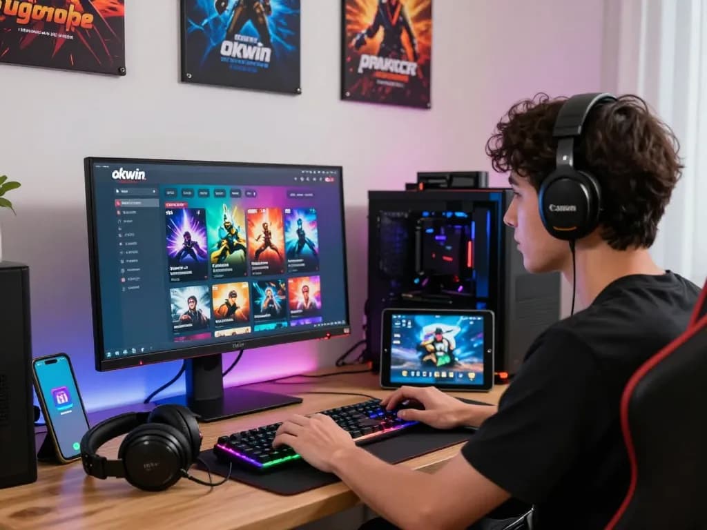 A vibrant gaming scene showcasing a player engaged with the okwin.com interface, surrounded by tech accessories and an inviting atmosphere.