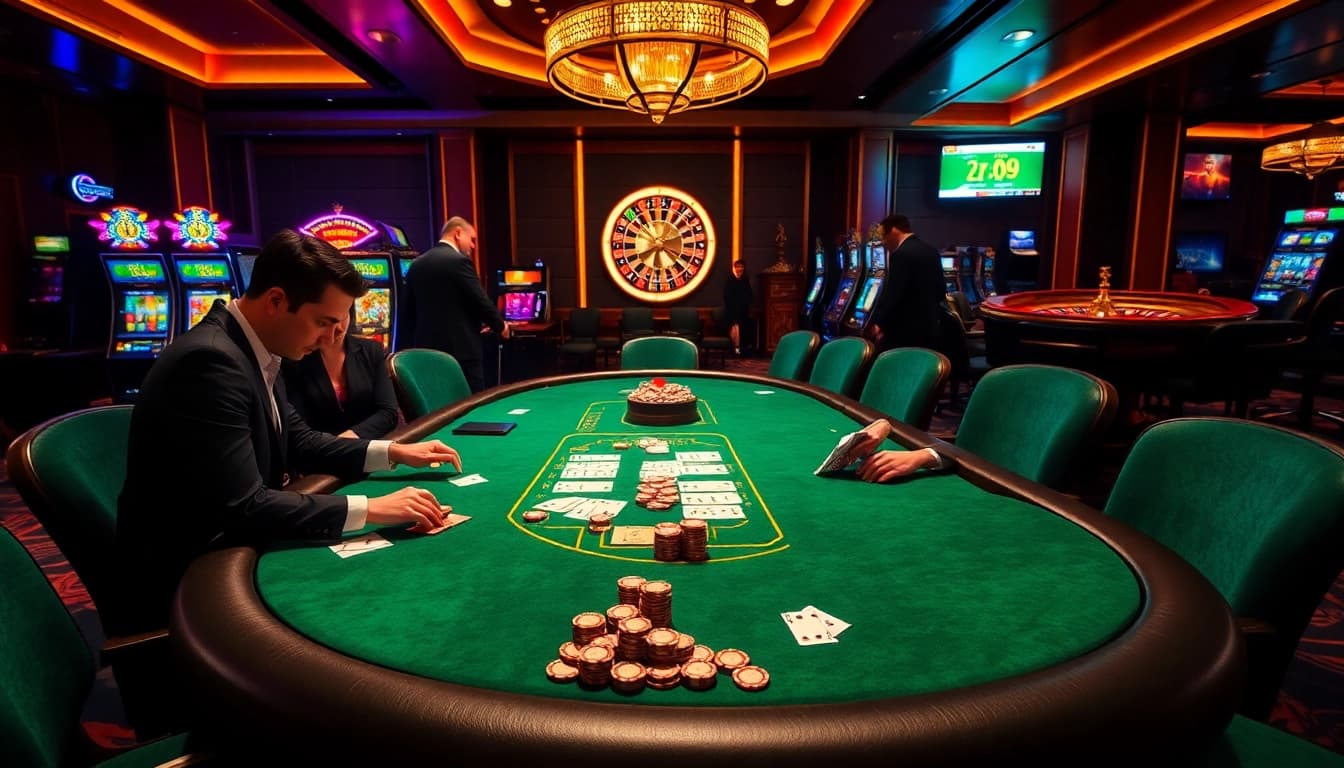 Engaging scene of a luxury casino poker table highlighting rr99 betting strategies with players and dealers.