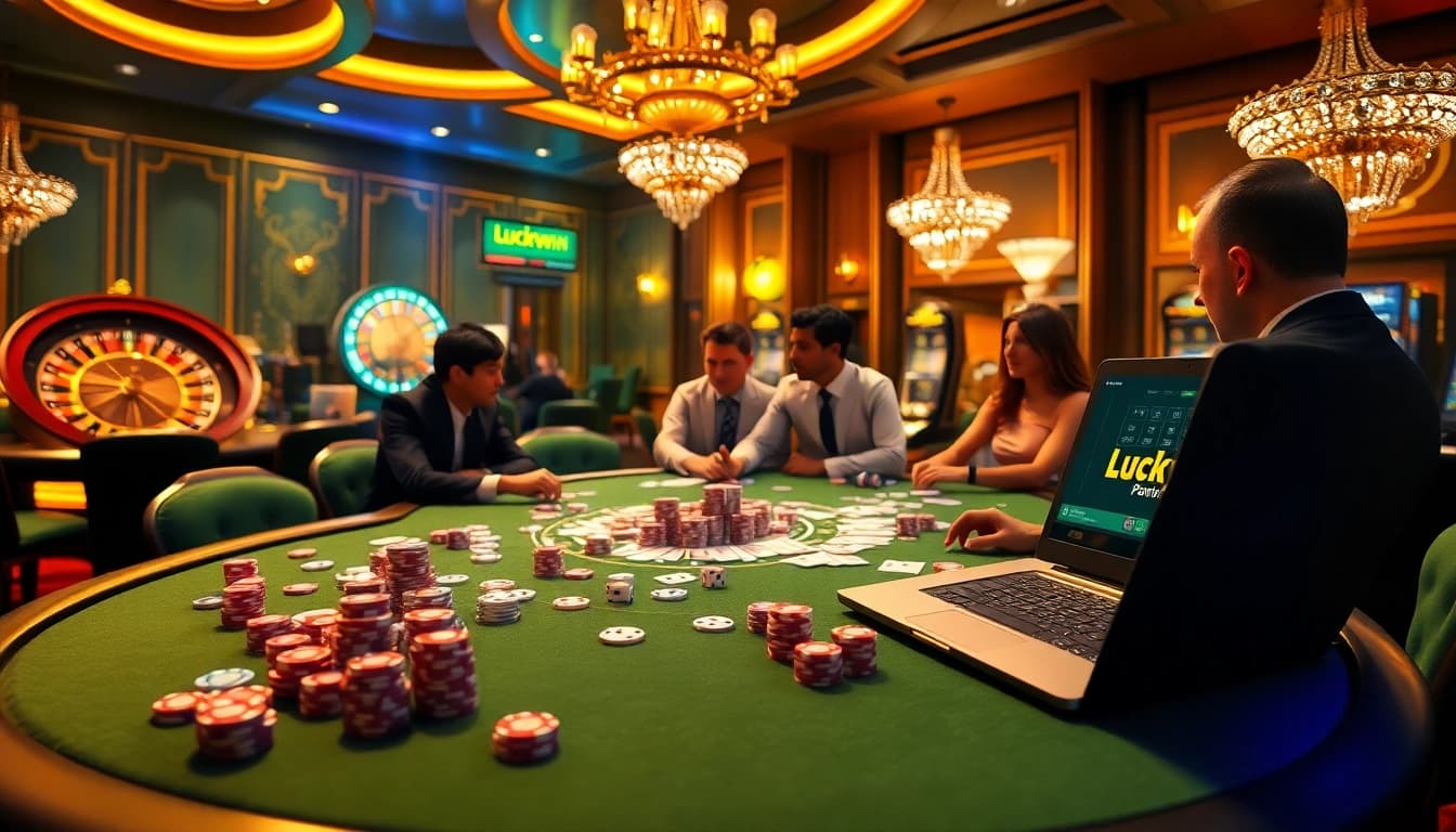 Players enjoy poker at Luckywin's luxurious casino table, highlighted by chips and a roulette wheel.