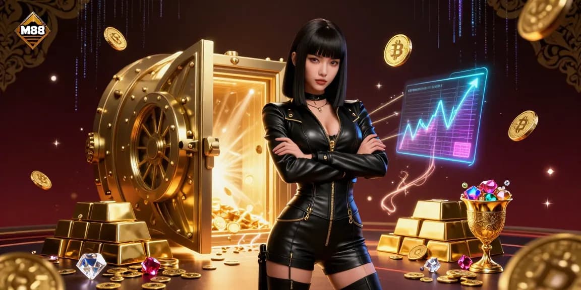 M88 promotional illustration featuring an Asian woman in a dynamic casino setting surrounded by gold coins and treasures.