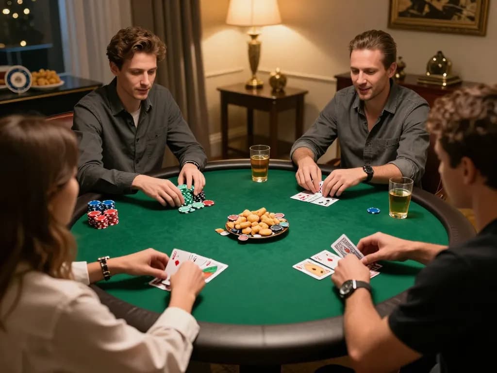 Players strategizing during a poker game at home, highlighting a social gambling atmosphere with elements from https://da88at.com/
