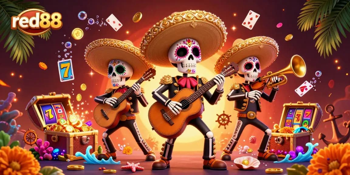 Spin and win big at red88 with a vibrant 3D illustration of a lively casino scene featuring mariachi characters.
