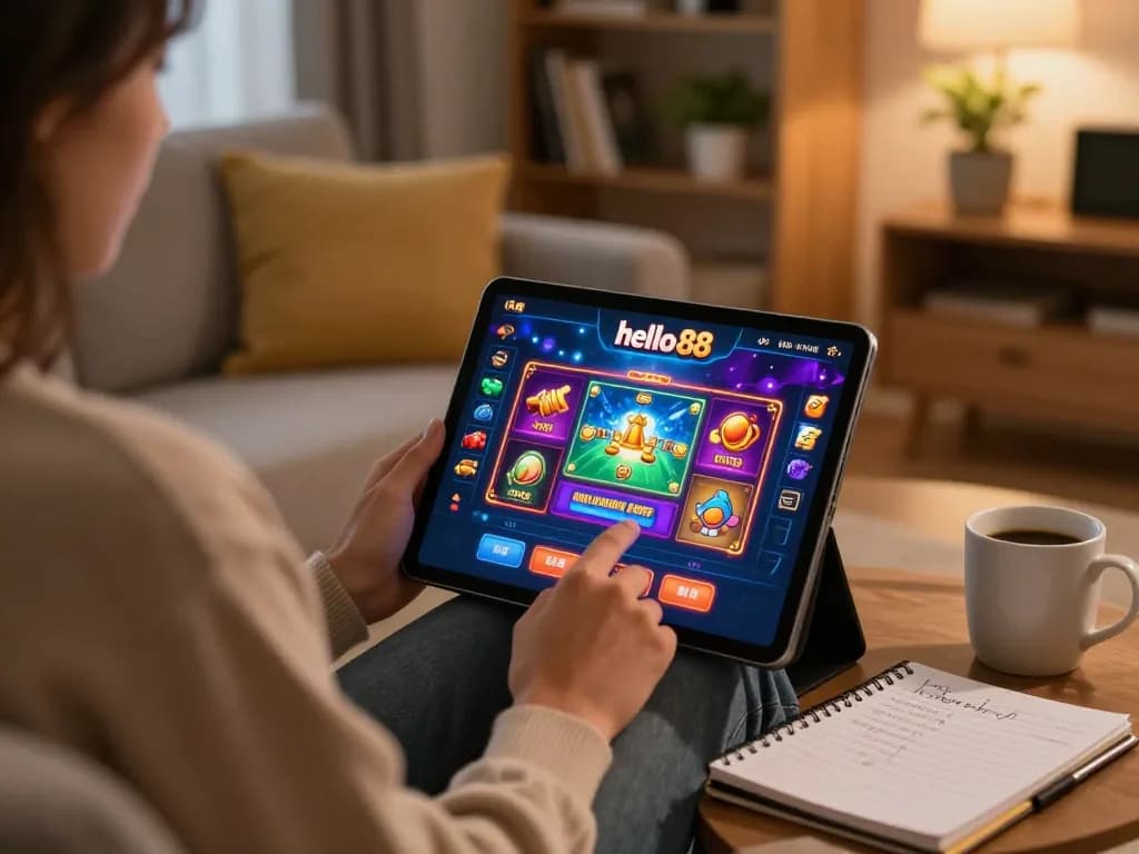 Engaging in hello 88 online casino gaming from a cozy home setup, showcasing strategic notes and vibrant gameplay.