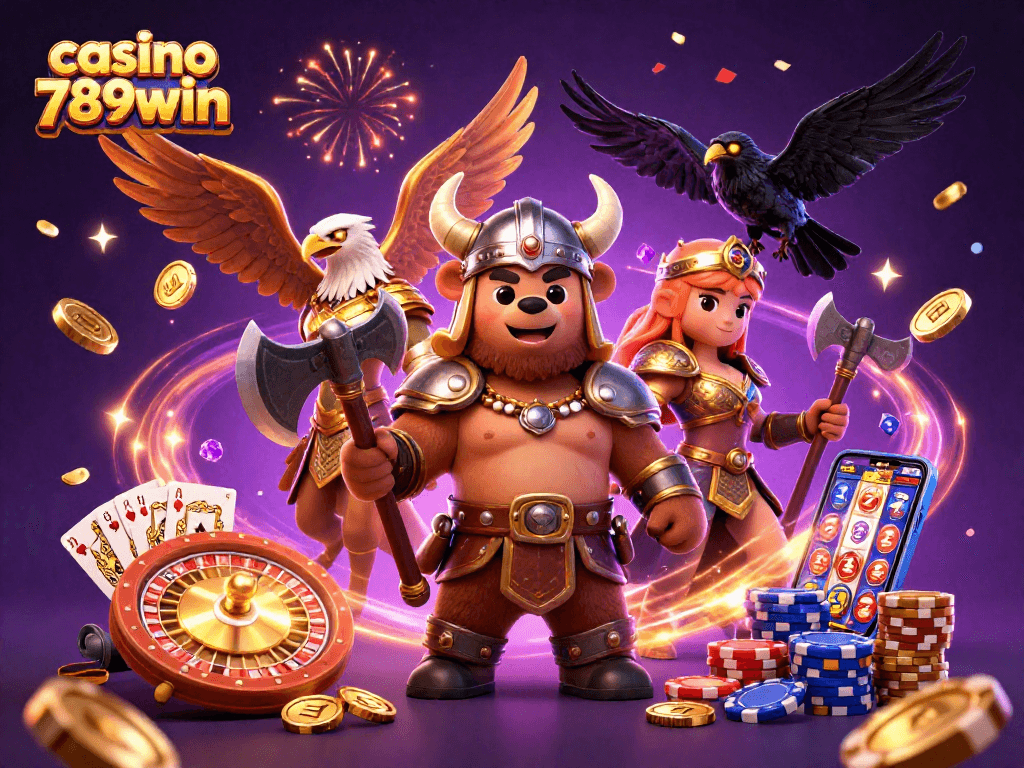 Experience the excitement of casino 789win with a vibrant illustration of characters in a lively gaming scene.