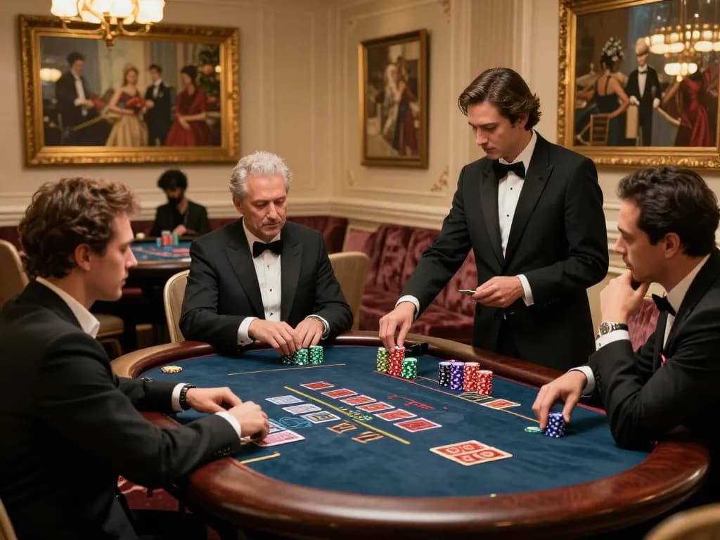 KUBET players strategizing over a blackjack table in a luxury casino setting.