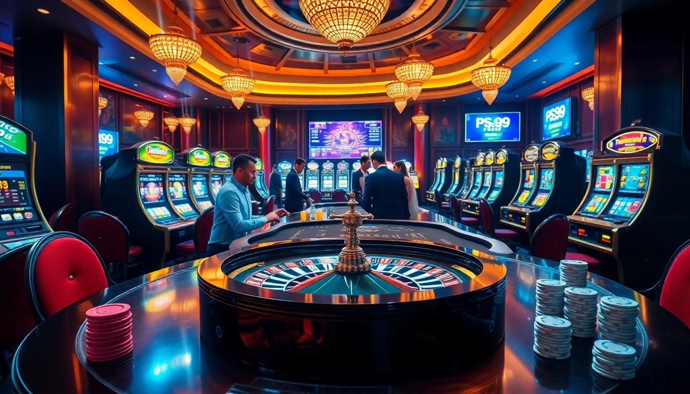 Players enjoy betting at a vibrant PS99 casino with roulette and slot machines.