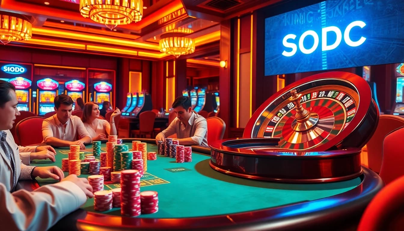 SODO Casino - Engaging poker players at a luxurious table surrounded by vibrant gaming elements.