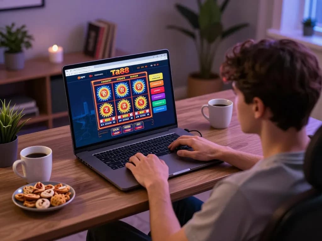 Player enjoying slots at ta88 online casino homepage in cozy home setting.