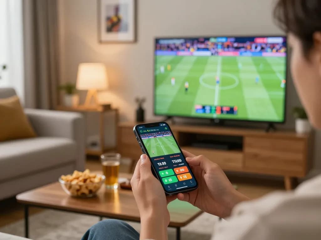 Engaged user placing live sports bets on NK88 app from home during game.