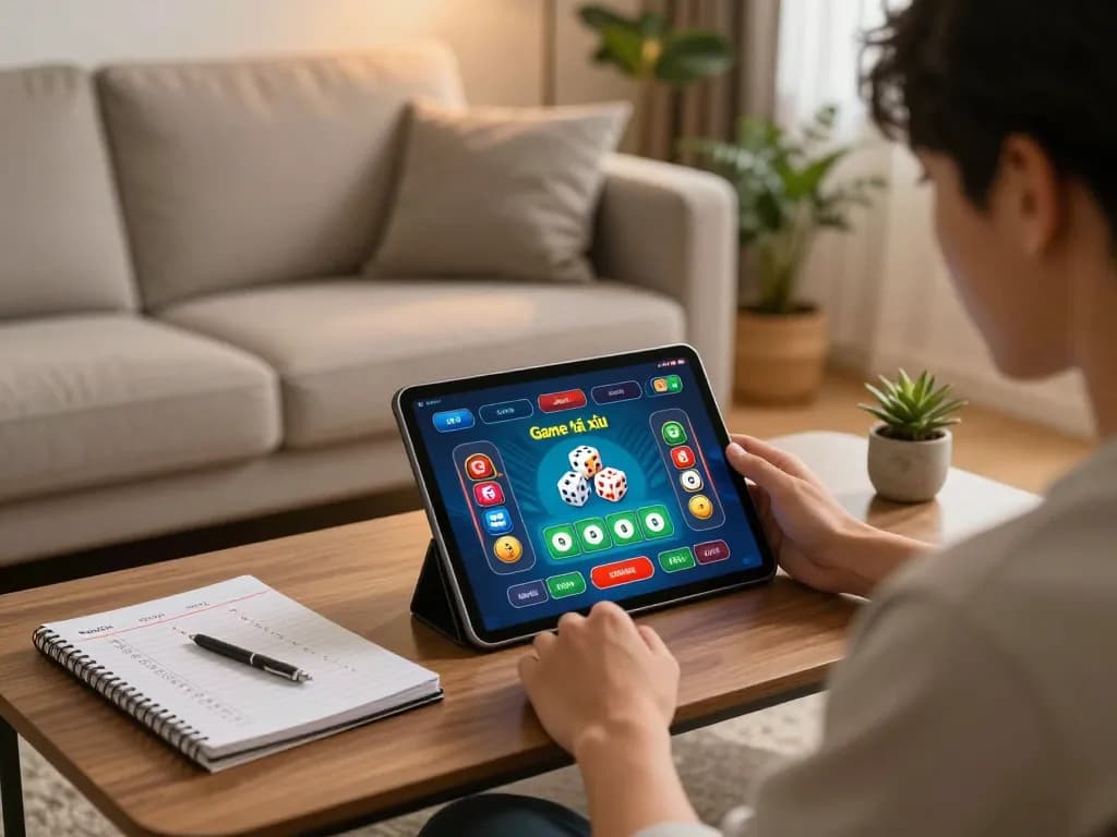 Engaging in game tài xỉu online uy tín on a tablet, showcasing a cozy home gaming setup.